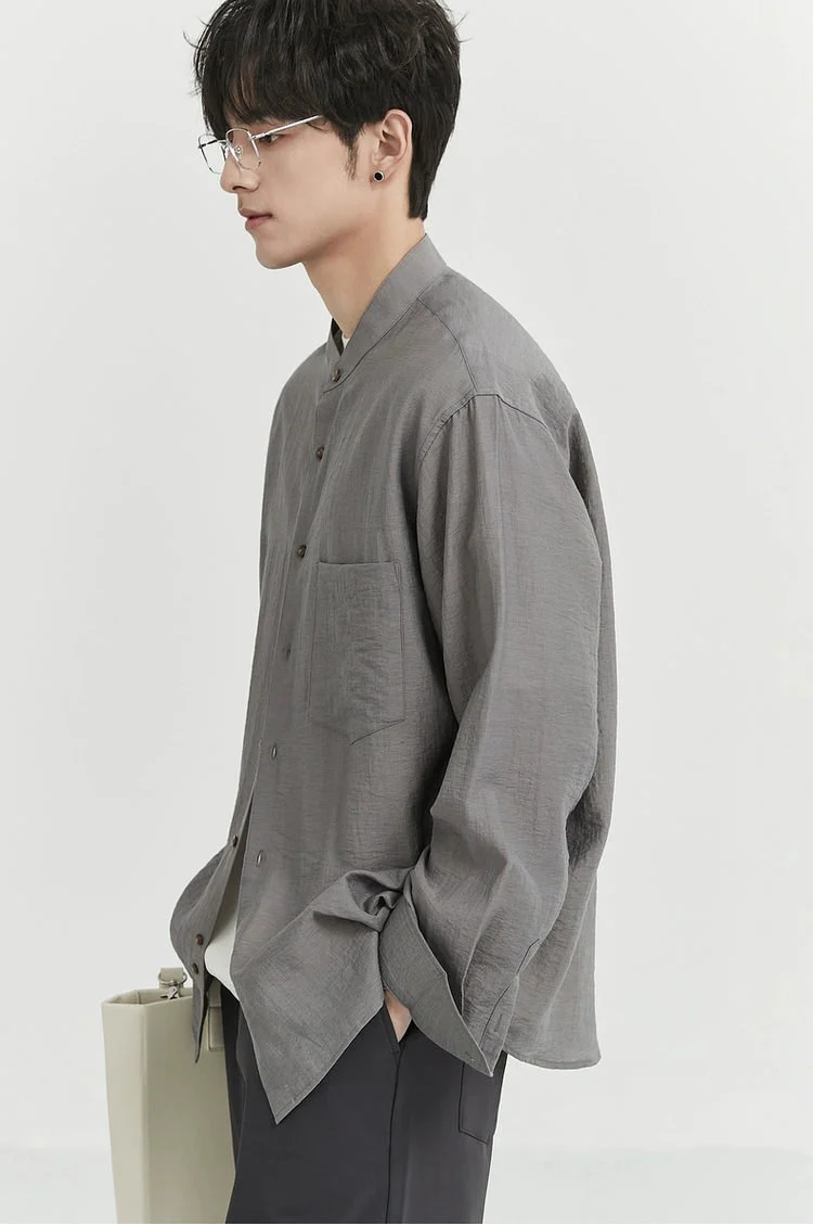 Oversized Linen Long Sleeve Shirt with Grandad Collar - Image 9