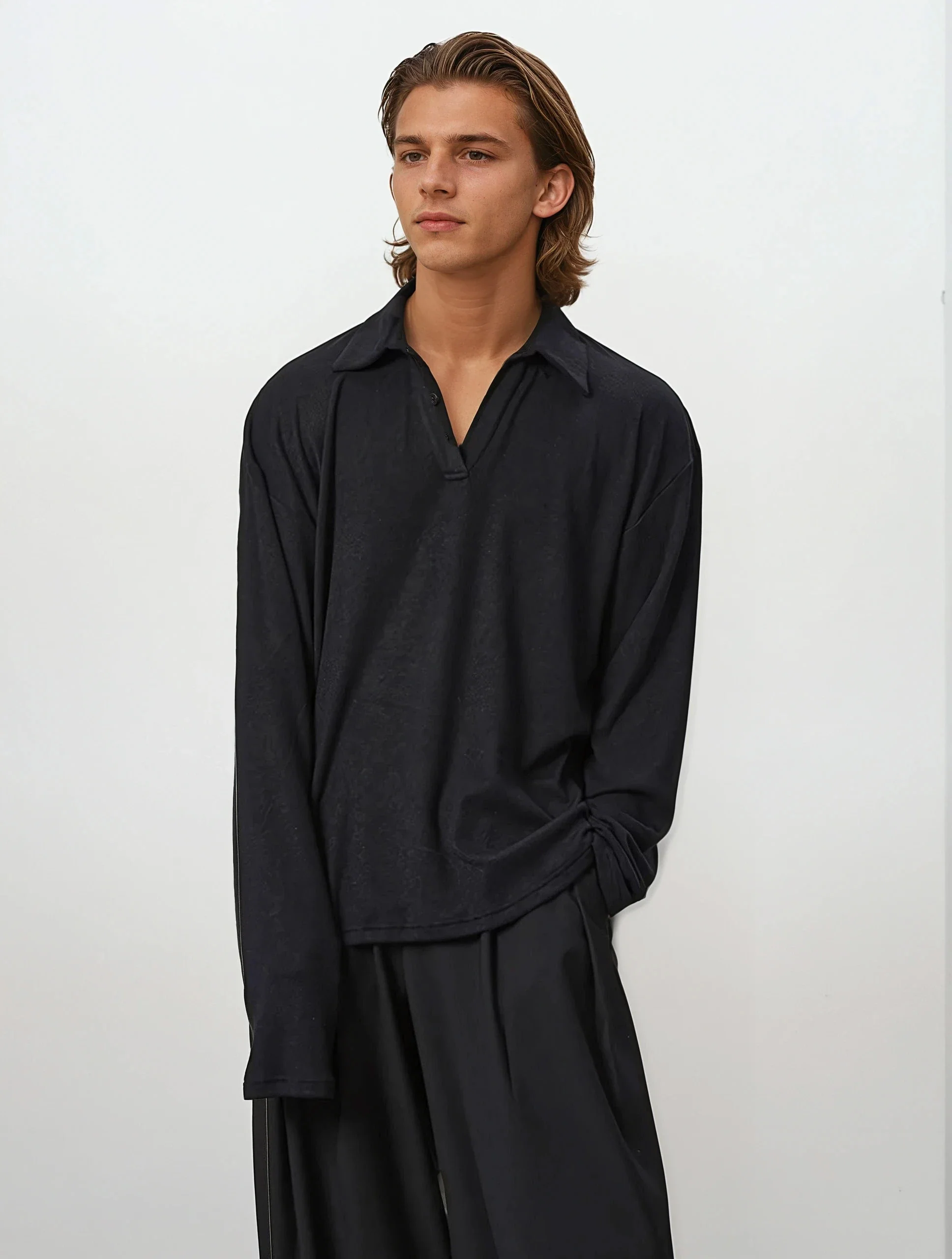Oversized Long Sleeve V-Neck Polo Top - Image 2