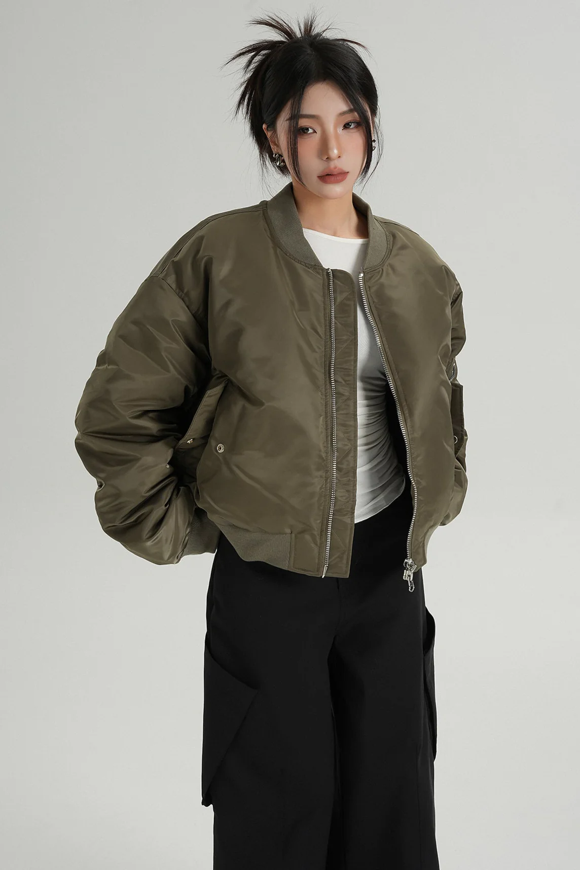 Oversized Mid-Crop Bomber Jacket with Sleeve Zip Pocket - Image 3