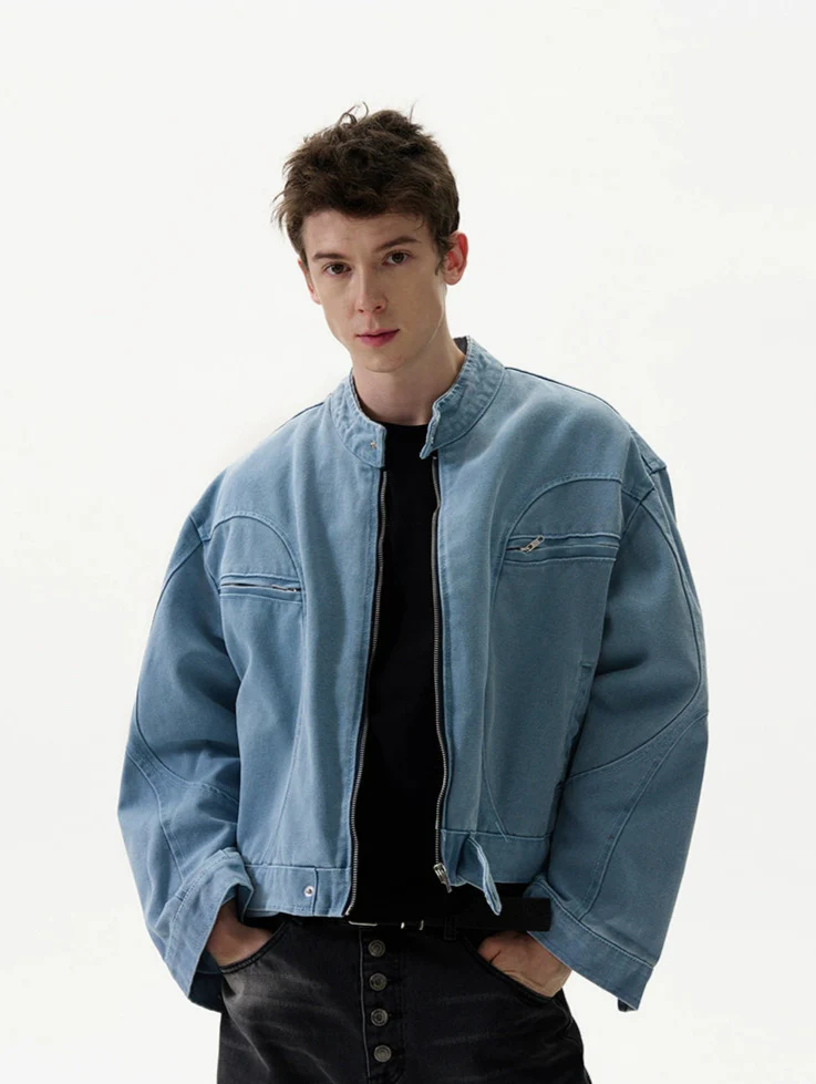 Oversized Mid Crop Denim Racer Jacket with Zip Pockets - Image 2