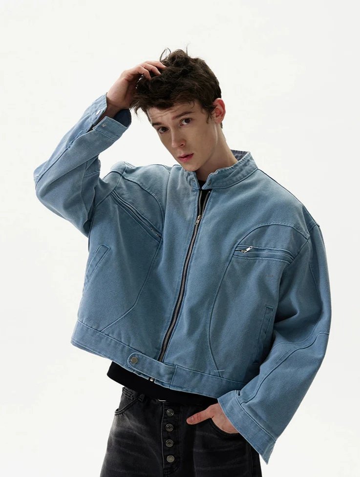 Oversized Mid Crop Denim Racer Jacket with Zip Pockets - Image 3