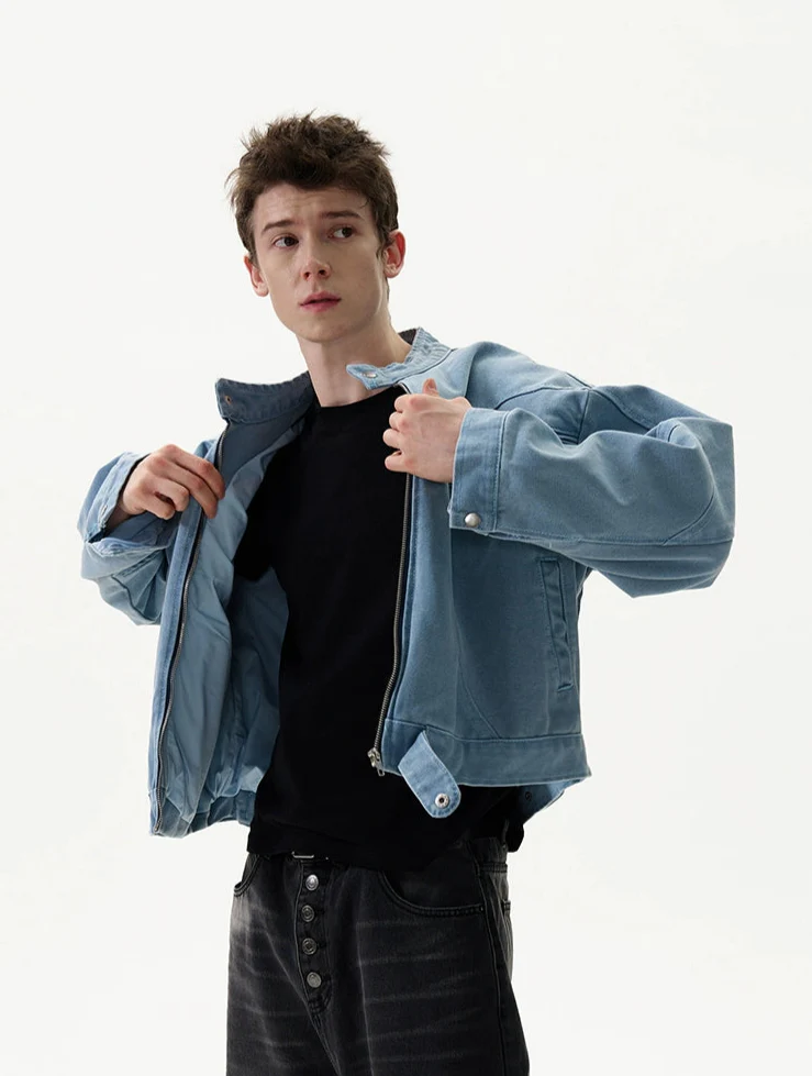 Oversized Mid Crop Denim Racer Jacket with Zip Pockets - Image 4