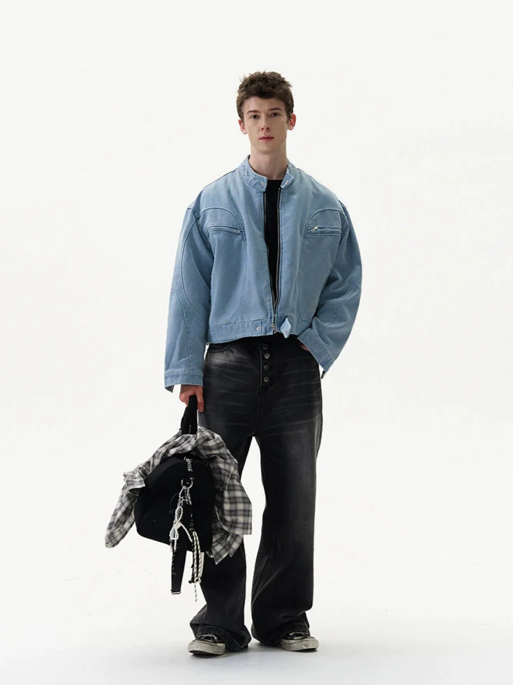 Oversized Mid Crop Denim Racer Jacket with Zip Pockets - Image 5