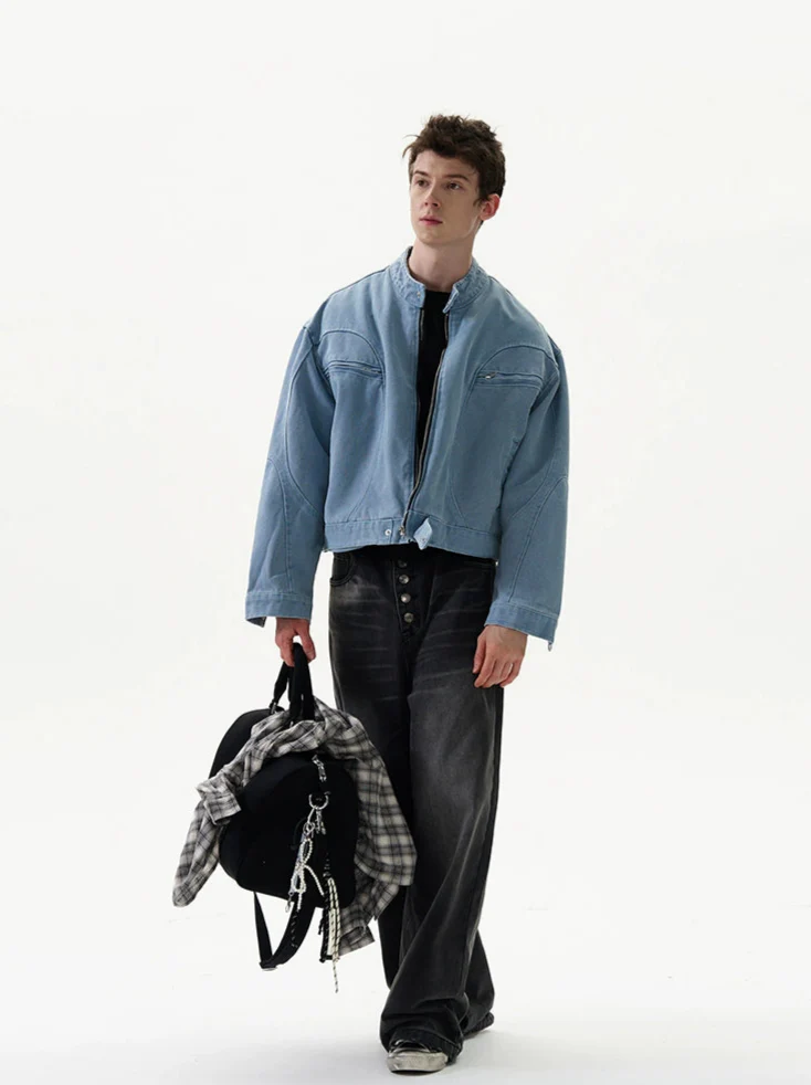 Oversized Mid Crop Denim Racer Jacket with Zip Pockets - Image 6