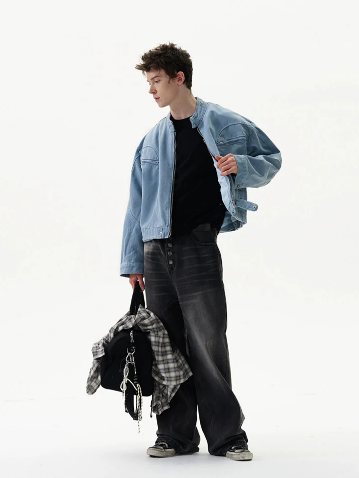 Oversized Mid Crop Denim Racer Jacket with Zip Pockets - Image 7