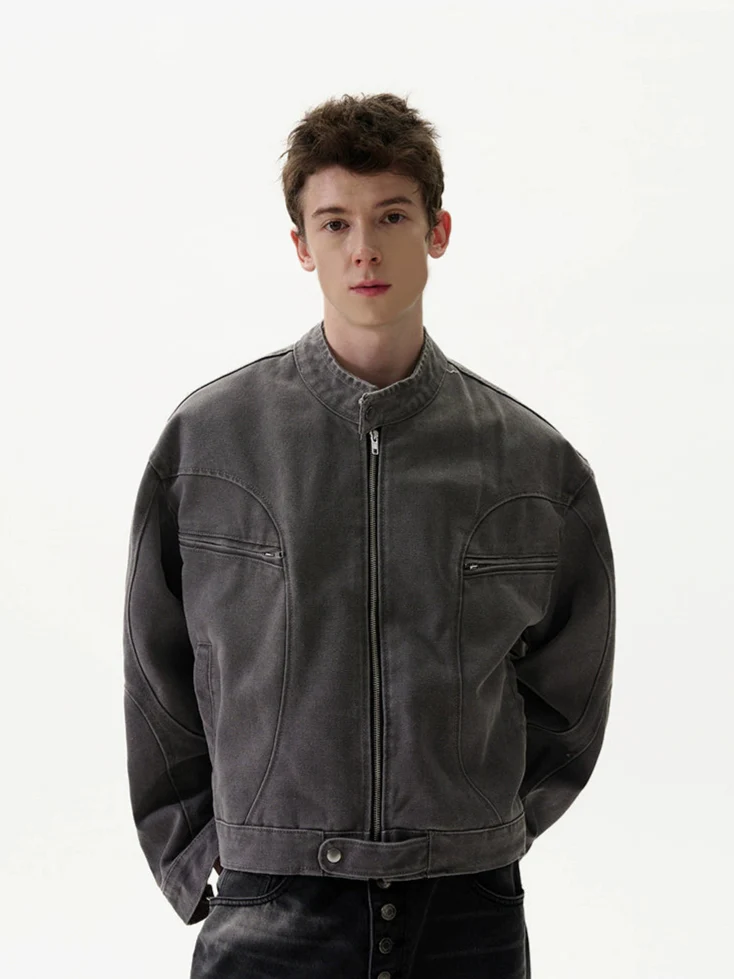 Oversized Mid Crop Denim Racer Jacket with Zip Pockets - Image 8