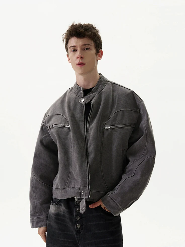 Oversized Mid Crop Denim Racer Jacket with Zip Pockets - Image 9