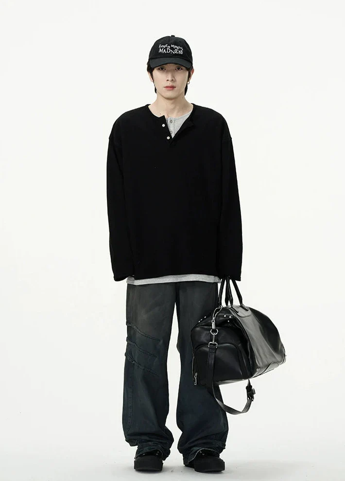 Oversized Mock-Layered Ribbed Knit Henley Top - Image 12