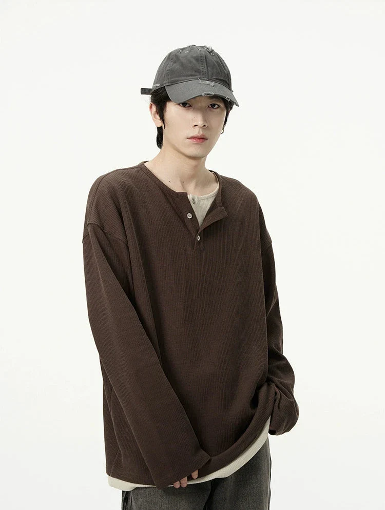 Oversized Mock-Layered Ribbed Knit Henley Top - Image 2
