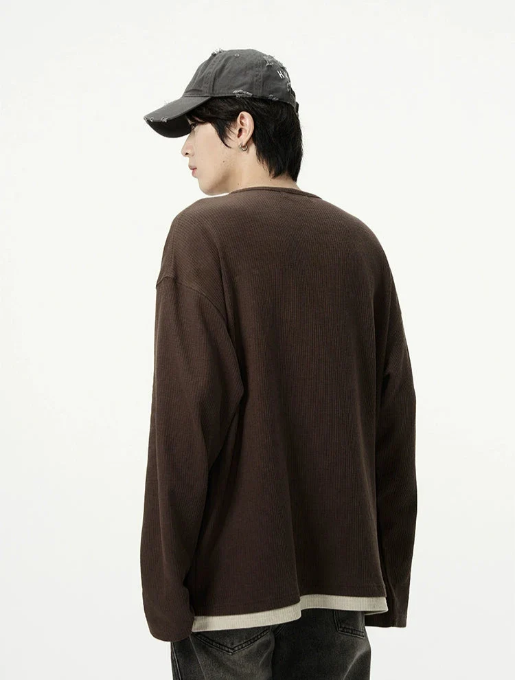 Oversized Mock-Layered Ribbed Knit Henley Top - Image 3