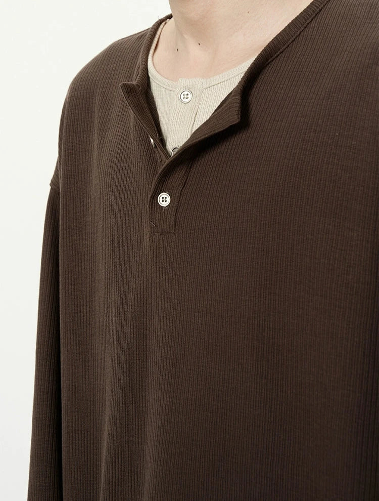Oversized Mock-Layered Ribbed Knit Henley Top - Image 4