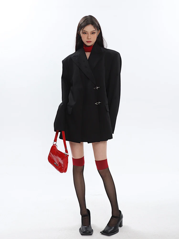 Oversized Notch Lapel Double-Breasted Blazer with Silver Accents - Image 6