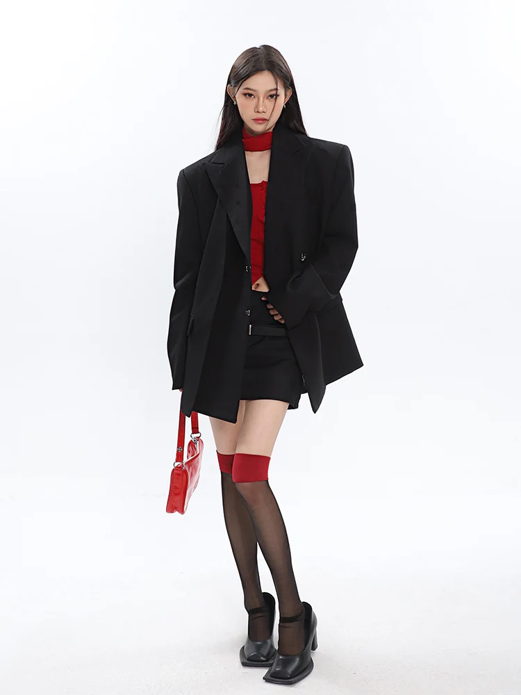 Oversized Notch Lapel Double-Breasted Blazer with Silver Accents - Image 7