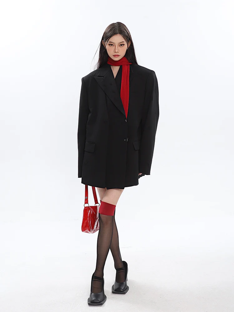 Oversized Notch Lapel Double-Breasted Blazer with Silver Accents - Image 9