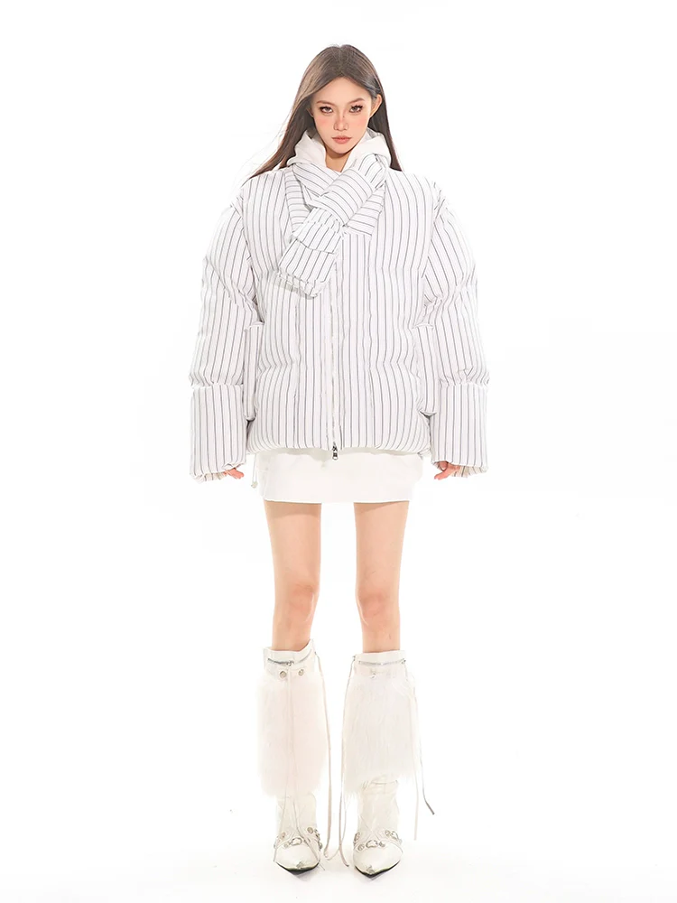 Oversized Pinstripe Puffer Jacket with Scarf - Image 5