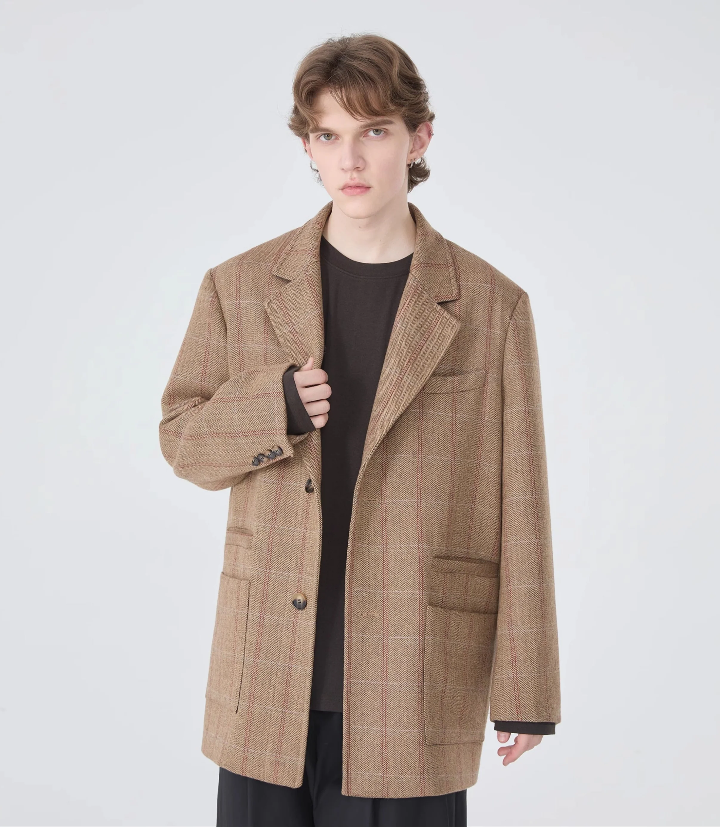 Oversized Plaid Blazer Single-Breasted Notched Lapel - Image 2
