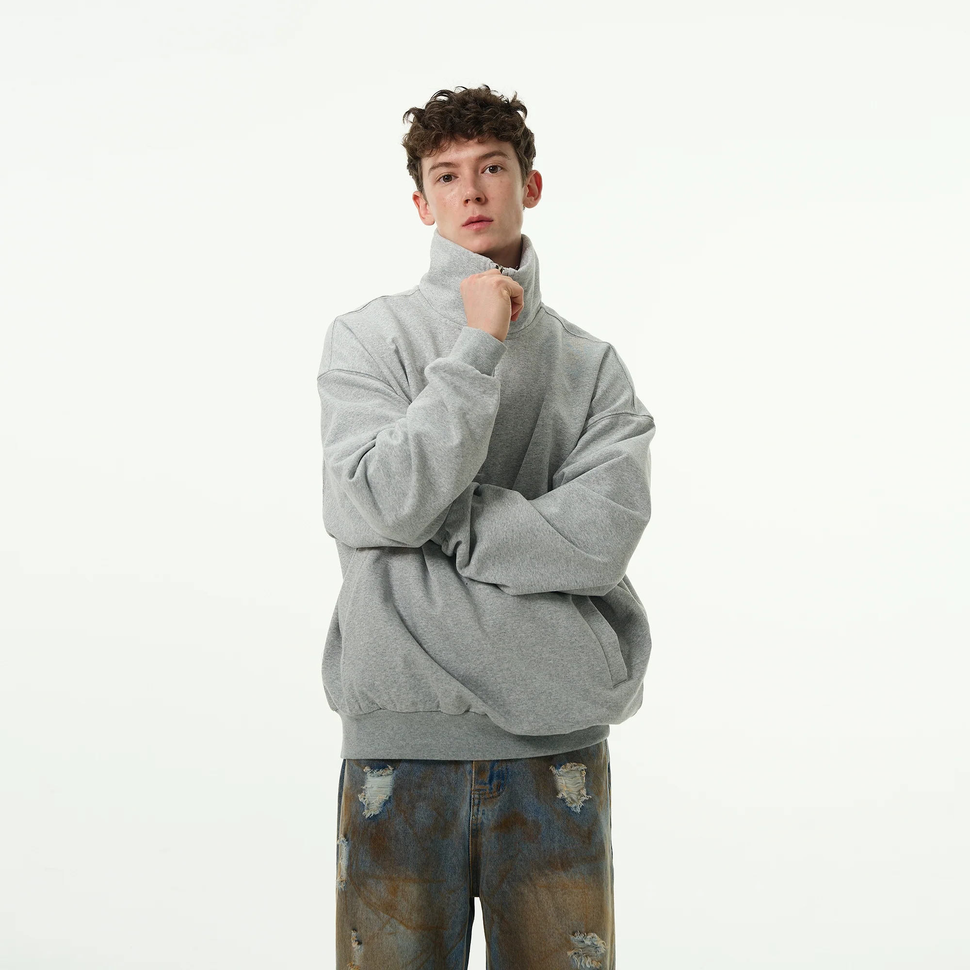 Oversized Quarter-Zip Drop Shoulder Sweatshirt - Image 7