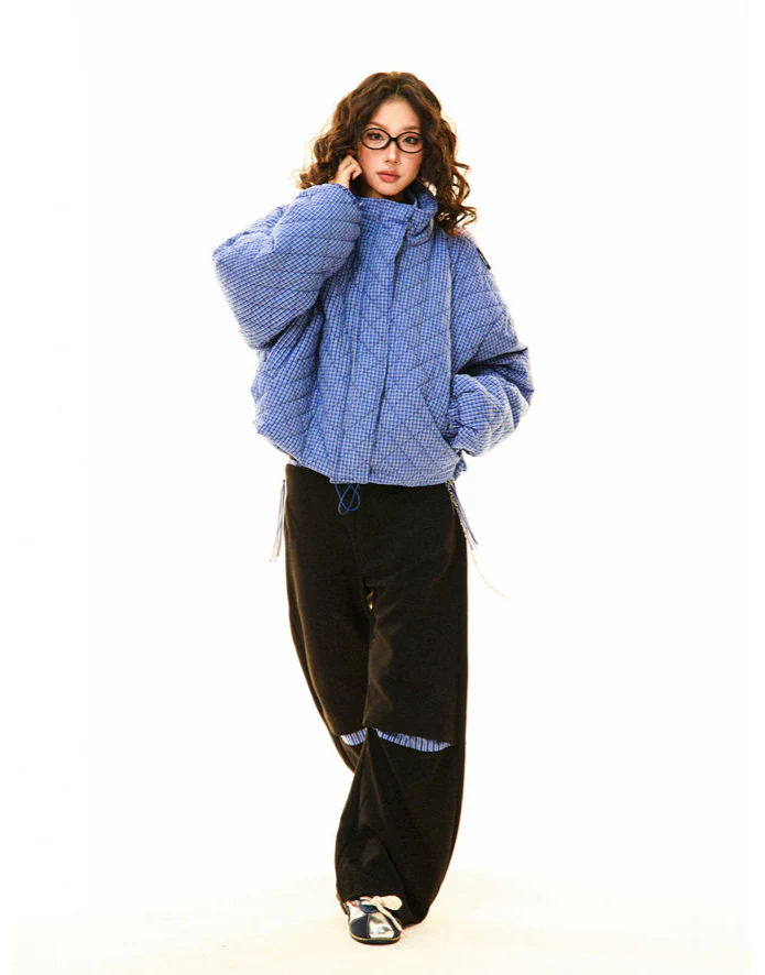 Oversized Quilted Gingham Puffer Jacket with Drawstring Hem - Image 10