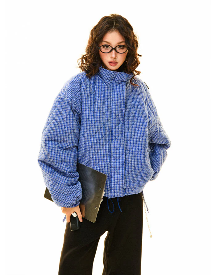 Oversized Quilted Gingham Puffer Jacket with Drawstring Hem - Image 7