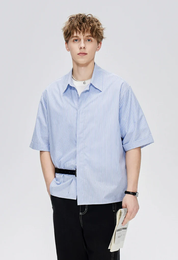 Oversized Retro Stripe Short Sleeve Shirt with Side Buttons - Image 2