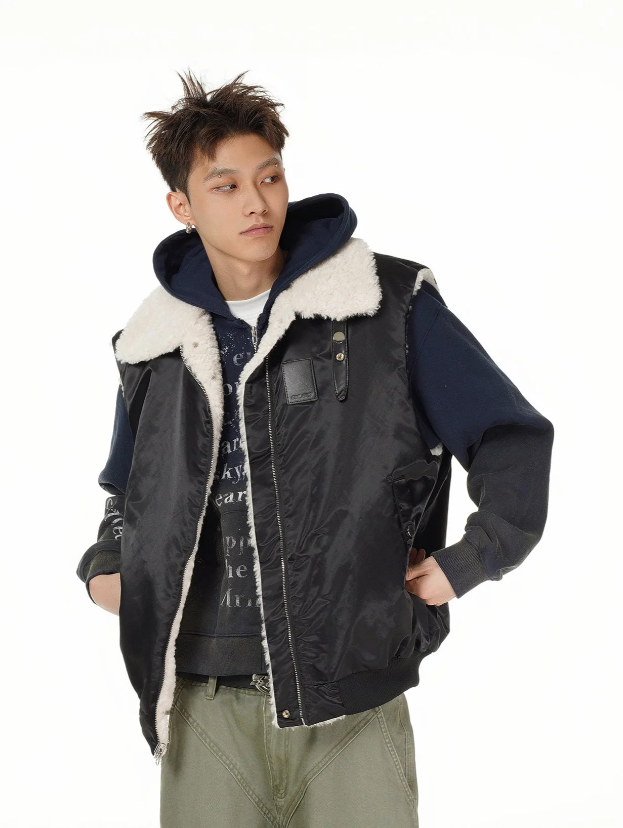 Oversized Reversible Sherpa Lined Zip Vest - Image 2