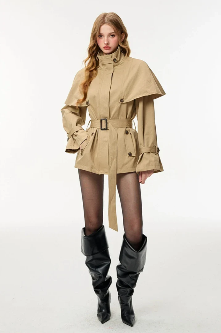 Oversized Stand Collar Trench Coat with Cape and Belt - Image 4