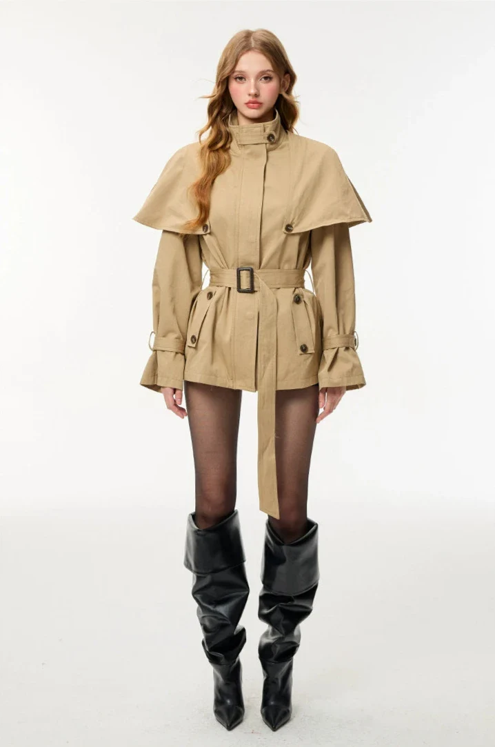 Oversized Stand Collar Trench Coat with Cape and Belt - Image 5