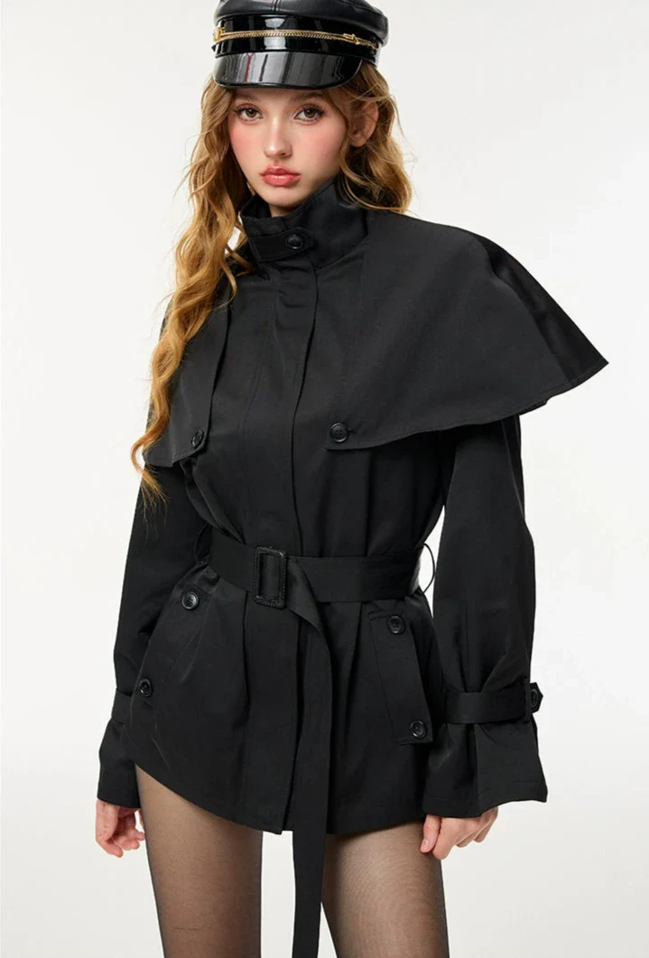 Oversized Stand Collar Trench Coat with Cape and Belt - Image 6