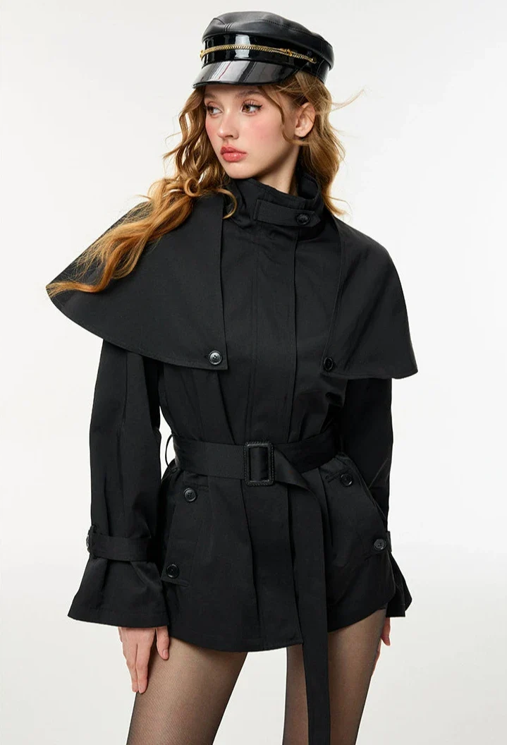 Oversized Stand Collar Trench Coat with Cape and Belt - Image 7