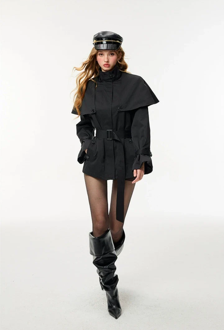 Oversized Stand Collar Trench Coat with Cape and Belt - Image 8