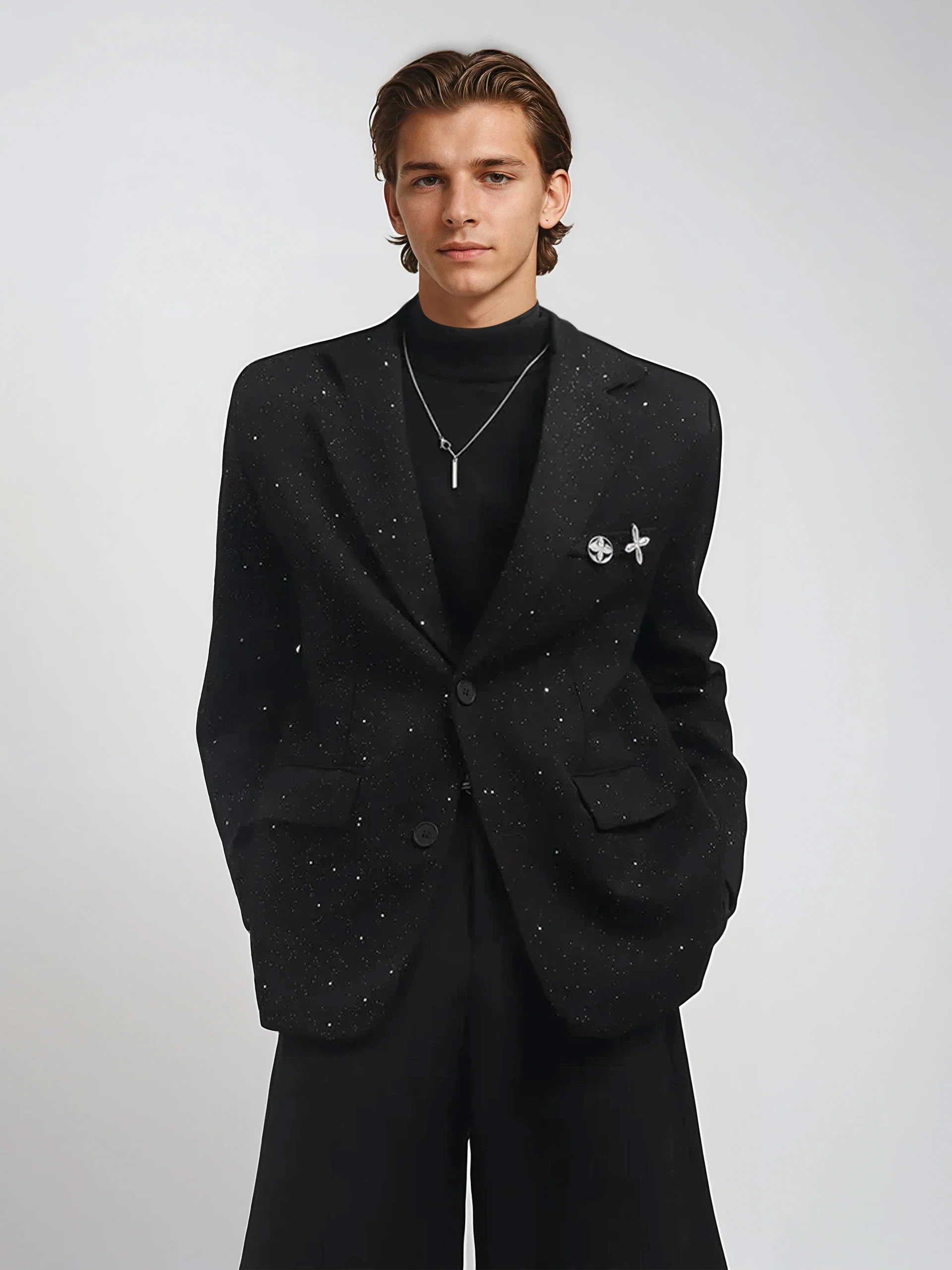 Oversized Starry Speckled Blazer with Pocket Pins