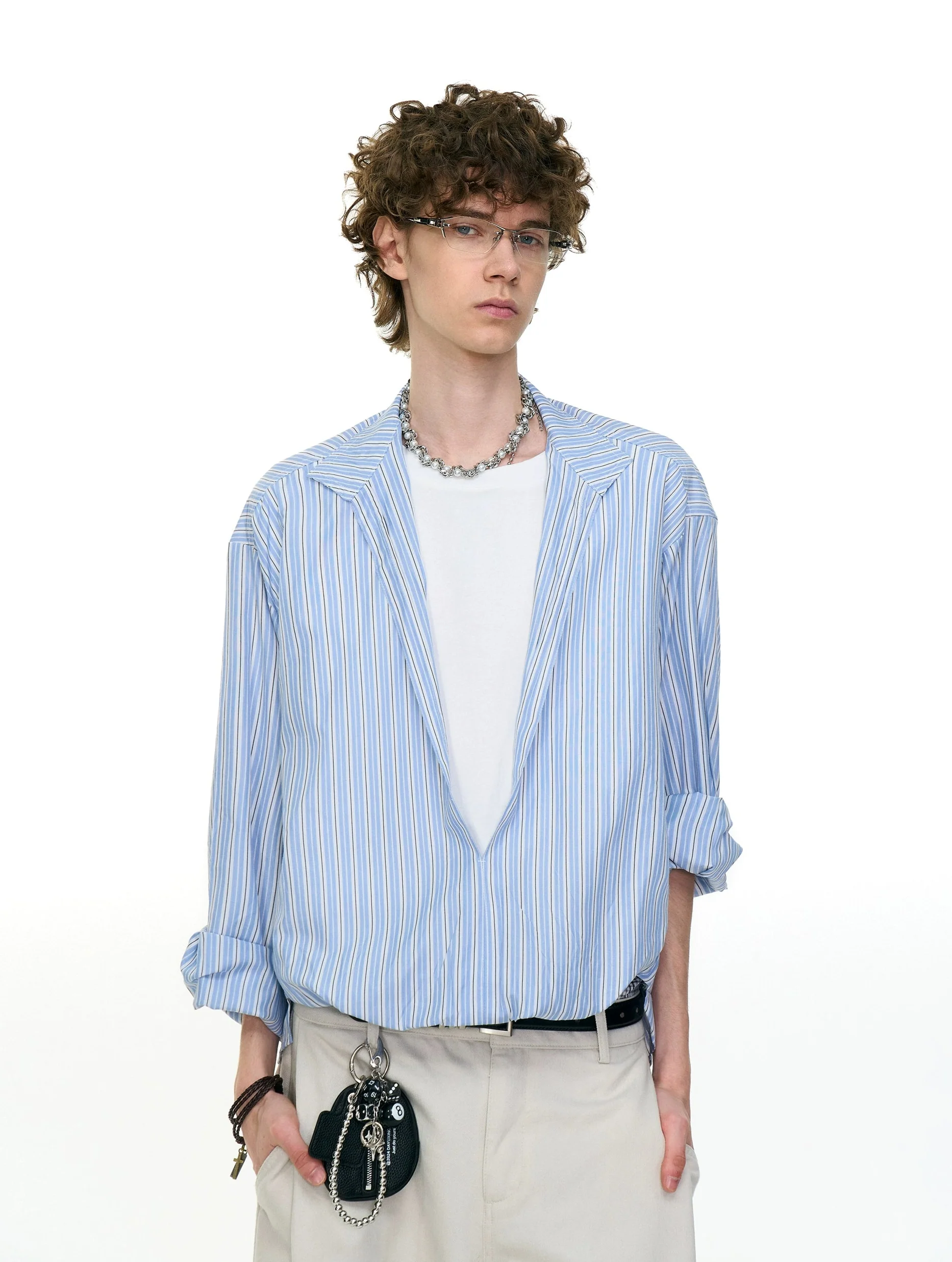 Oversized Stripe Buttonless Deep V-Neck Shirt