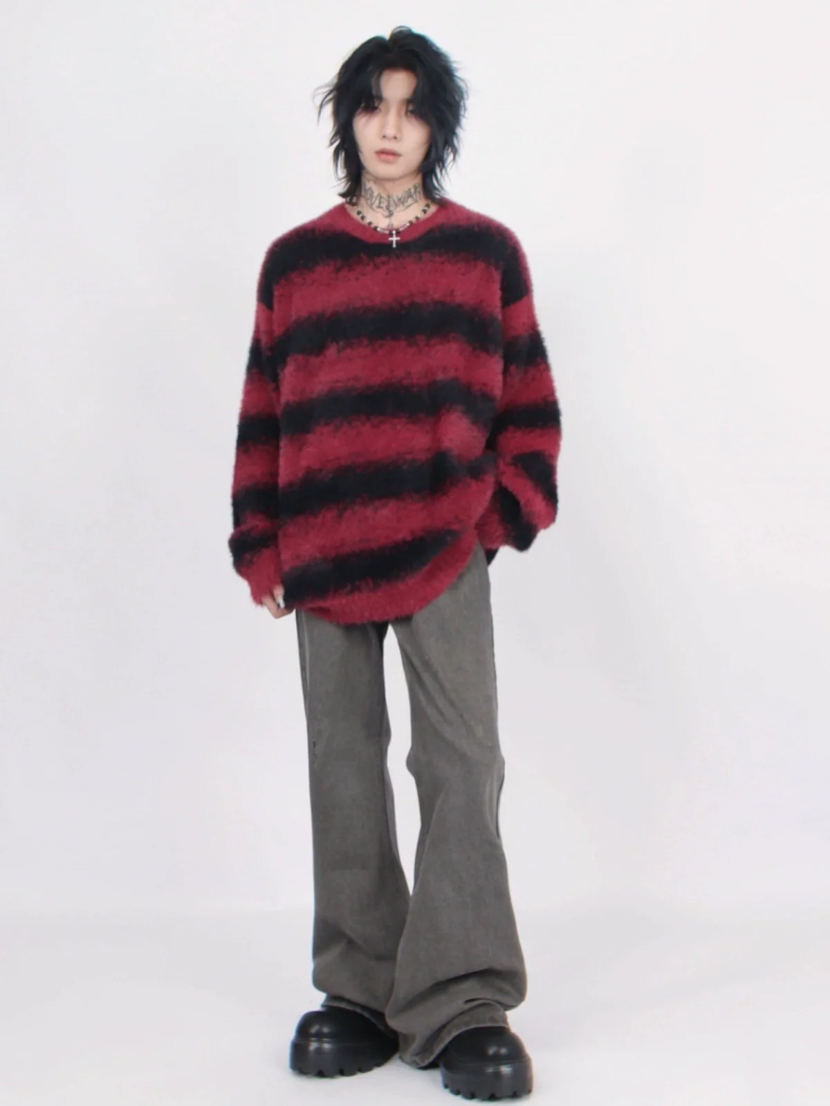 Oversized Striped Fuzzy Knit Sweater - Image 3