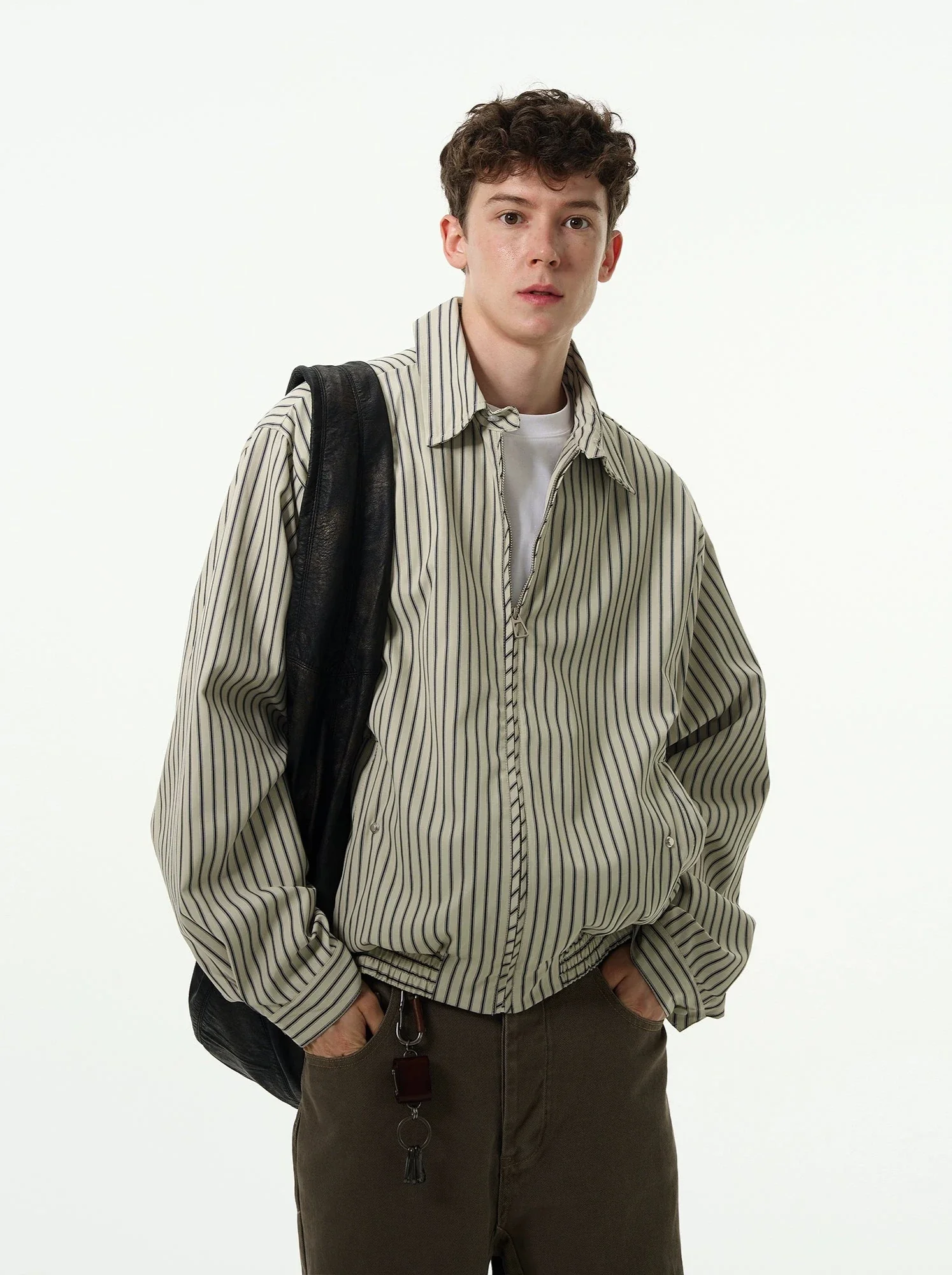 Oversized Striped Zip-Up Collared Jacket - Image 3