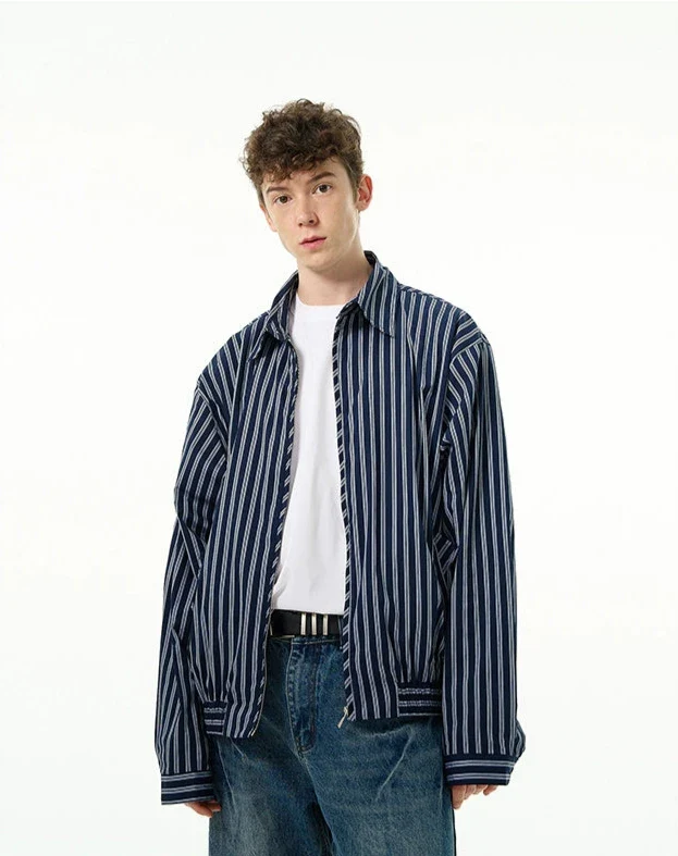 Oversized Striped Zip-Up Collared Jacket - Image 7