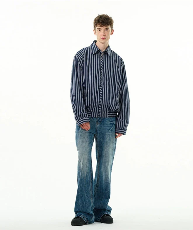 Oversized Striped Zip-Up Collared Jacket - Image 8