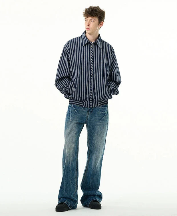 Oversized Striped Zip-Up Collared Jacket - Image 9