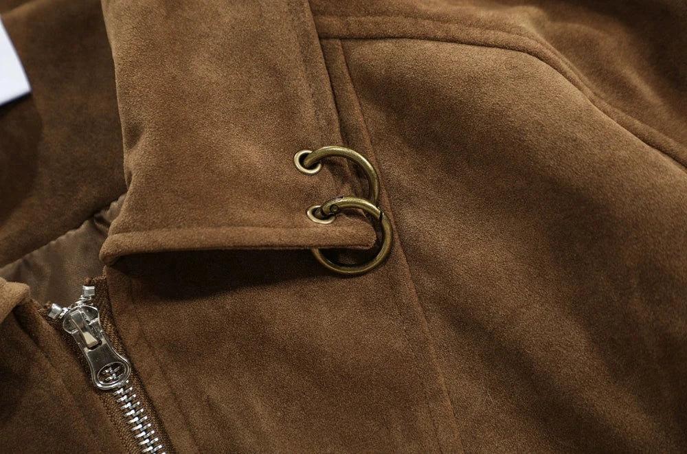 Oversized Suede Bomber Jacket with Ring Details - Image 11