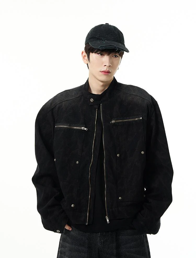 Oversized Denim Racer Jacket with Zippered Pockets - Image 2
