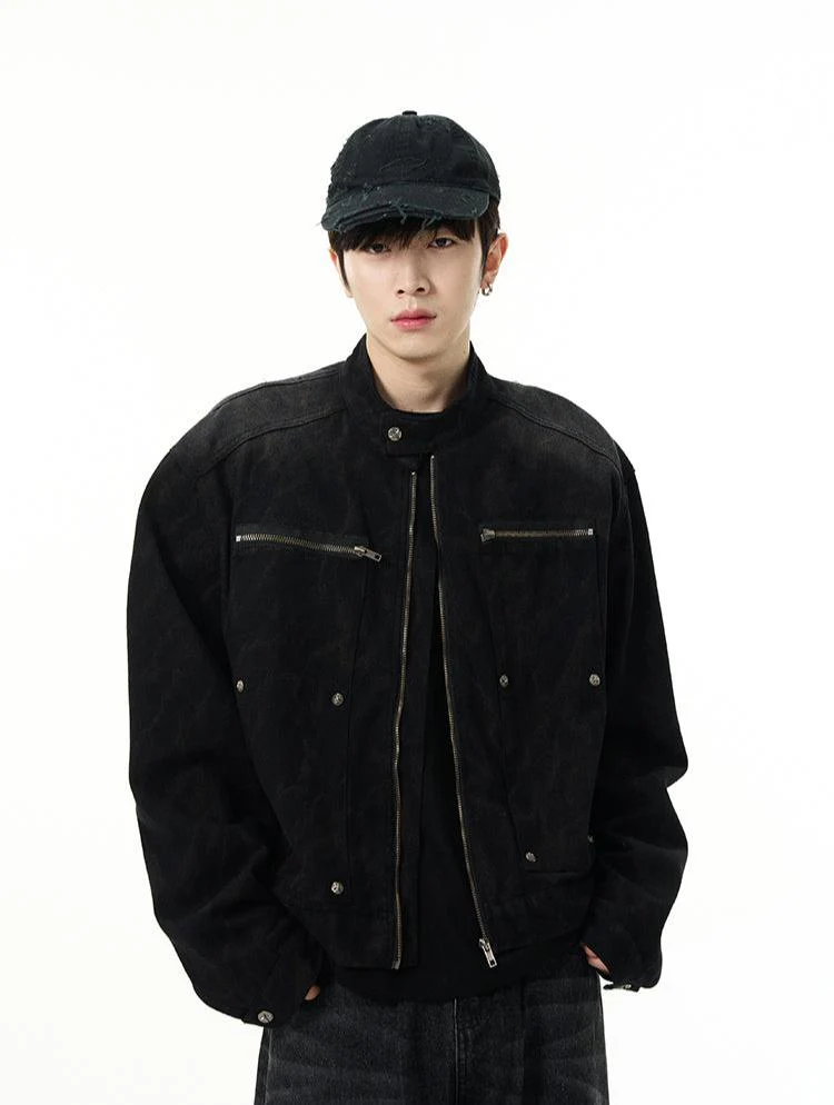Oversized Denim Racer Jacket with Zippered Pockets - Image 3