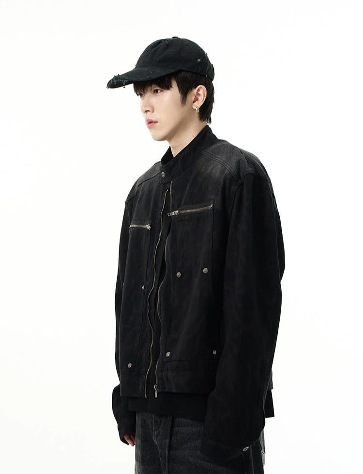 Oversized Denim Racer Jacket with Zippered Pockets - Image 5