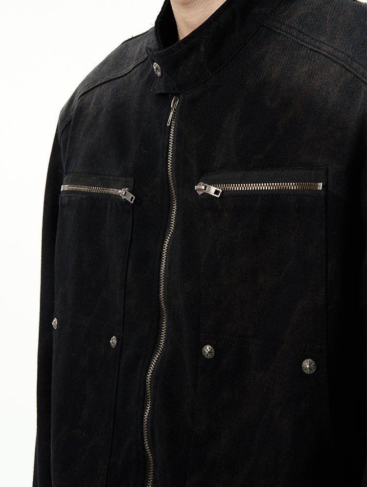 Oversized Denim Racer Jacket with Zippered Pockets - Image 6