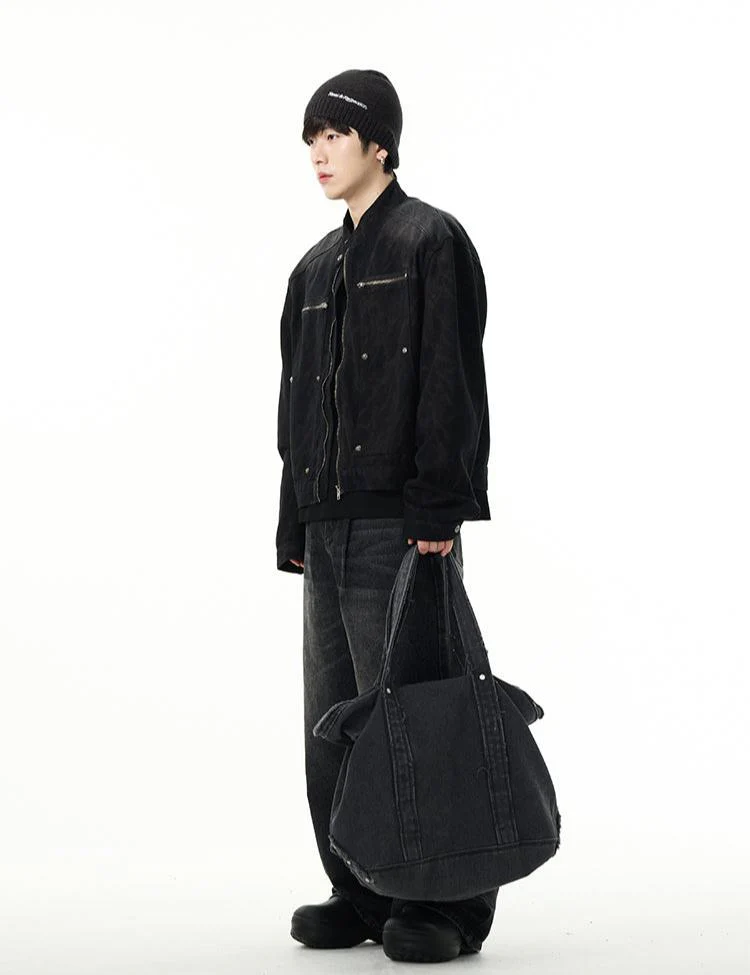 Oversized Denim Racer Jacket with Zippered Pockets - Image 8