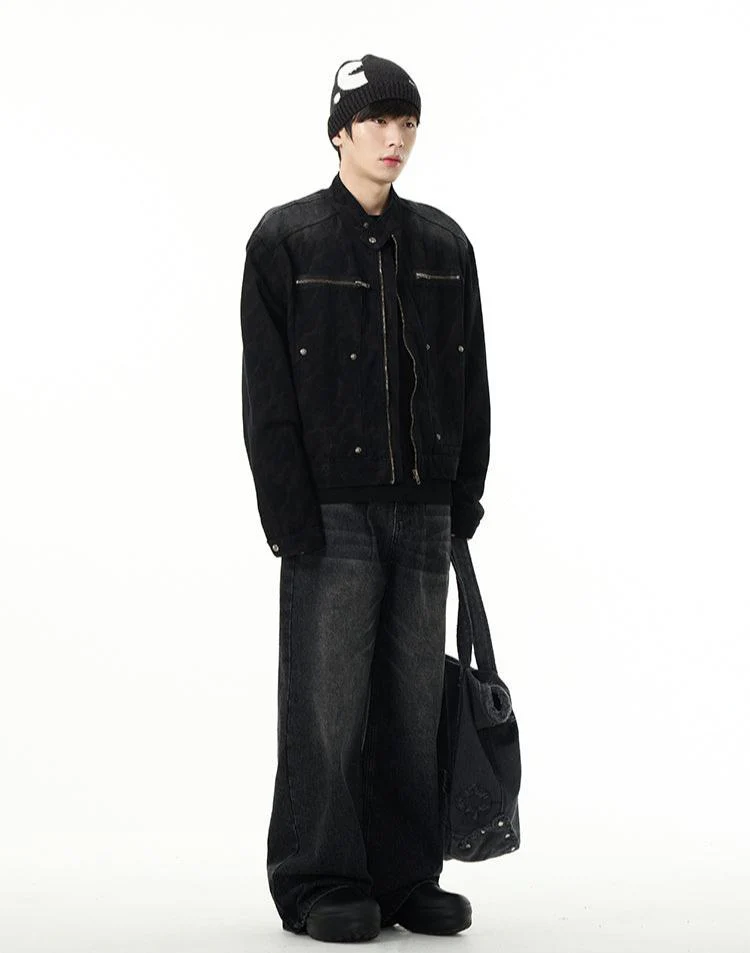 Oversized Denim Racer Jacket with Zippered Pockets - Image 9