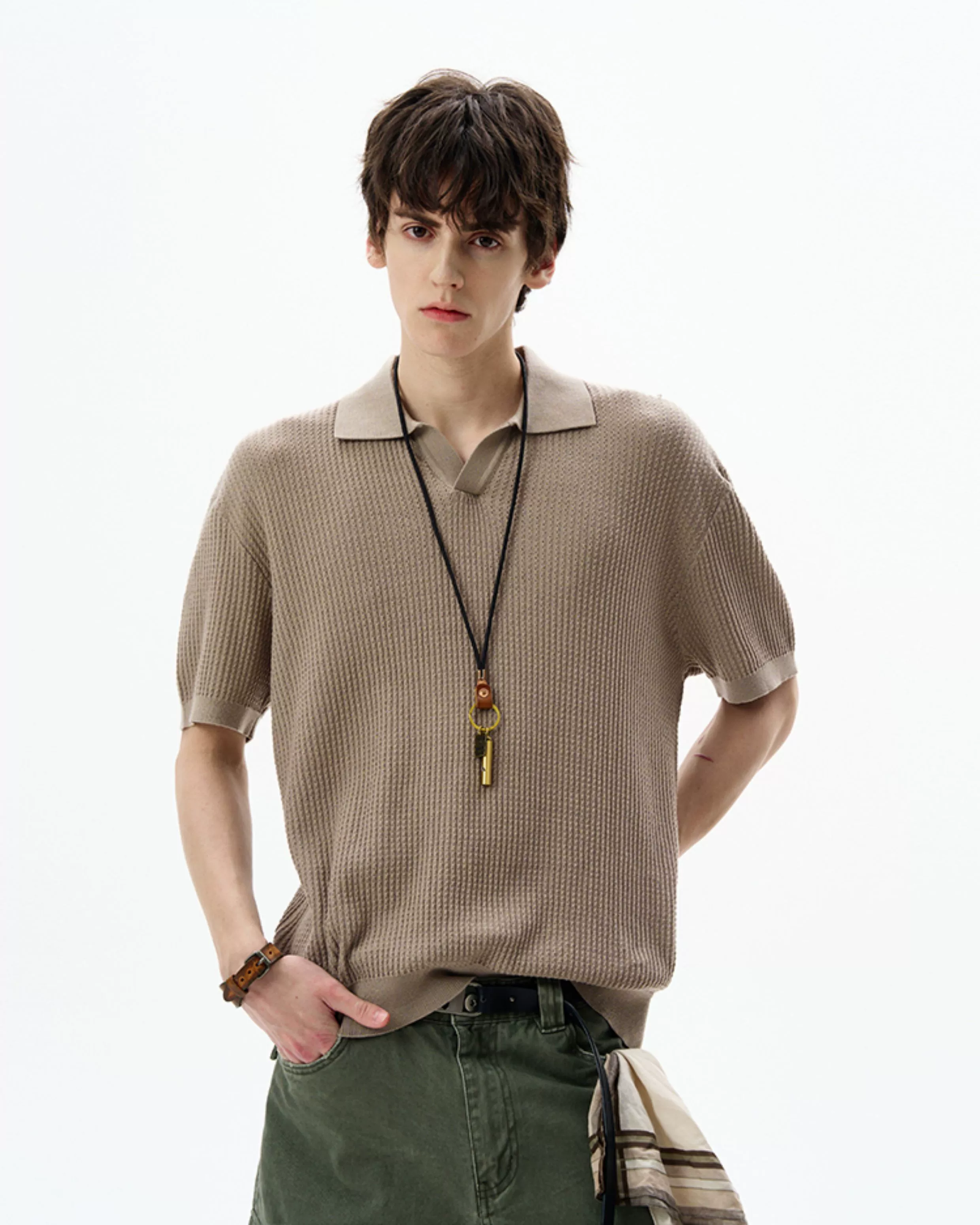 Oversized Textured Short Sleeve Knit Polo Shirt