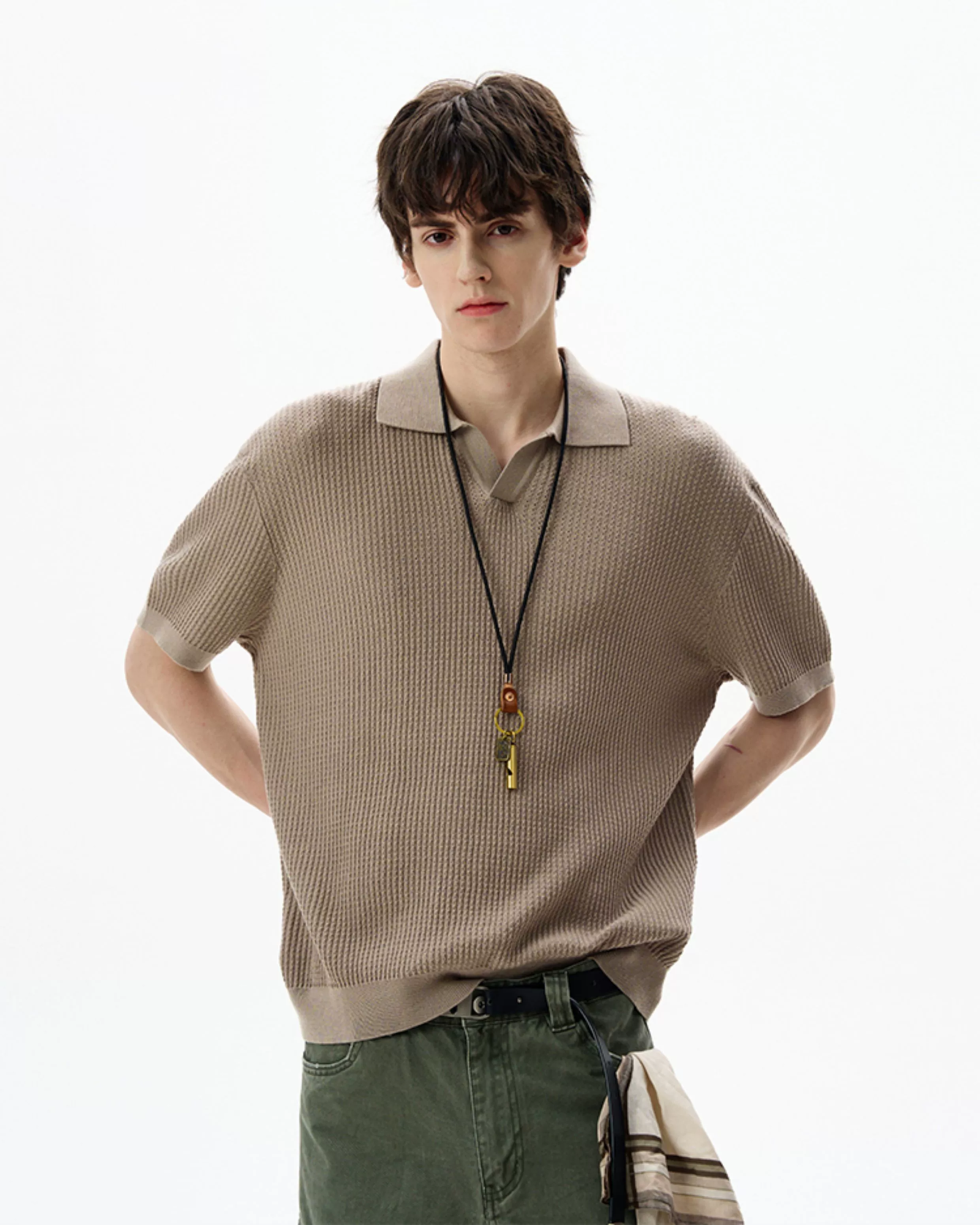 Oversized Textured Short Sleeve Knit Polo Shirt - Image 3