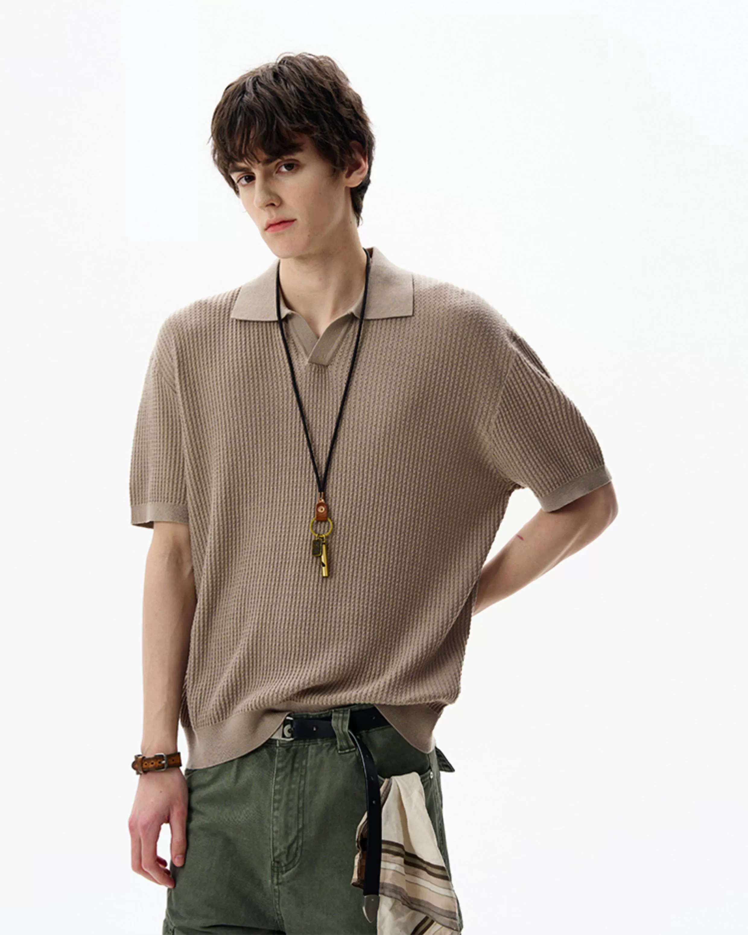 Oversized Textured Short Sleeve Knit Polo Shirt - Image 4