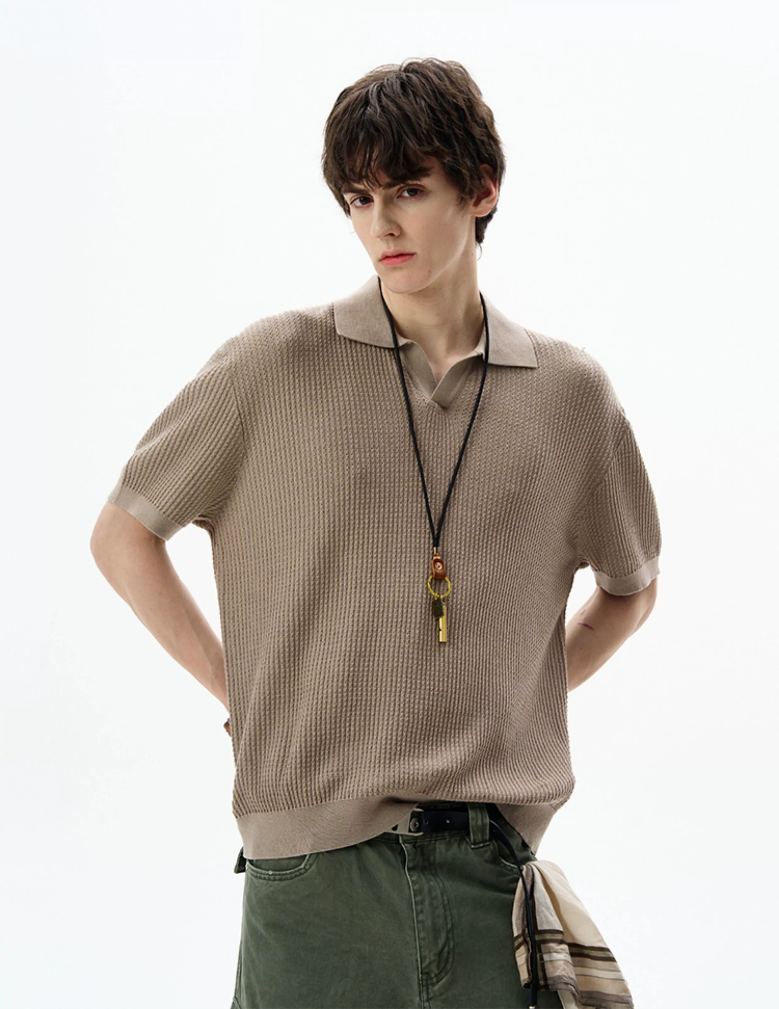 Oversized Textured Short Sleeve Knit Polo Shirt - Image 5