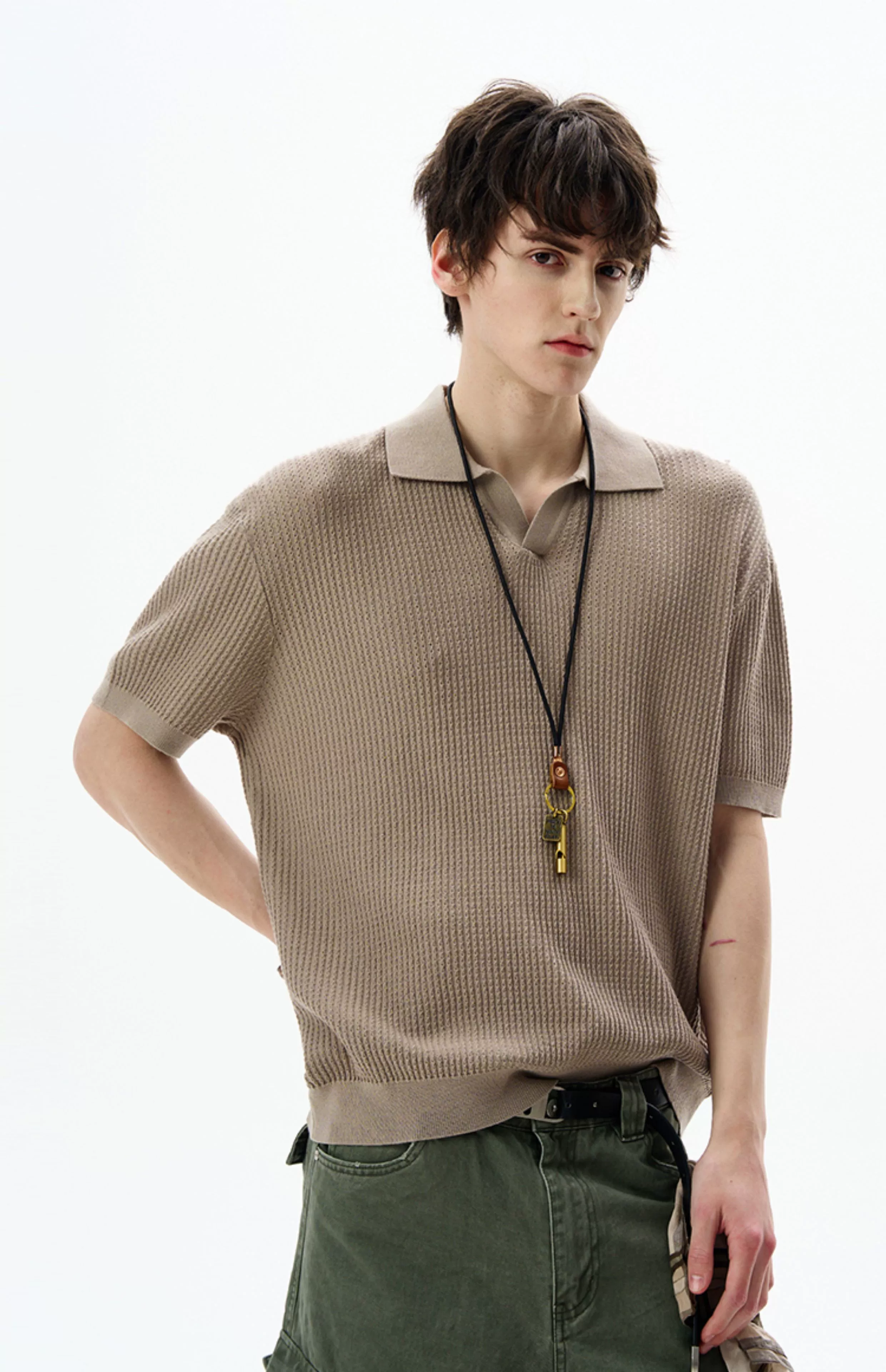 Oversized Textured Short Sleeve Knit Polo Shirt - Image 6
