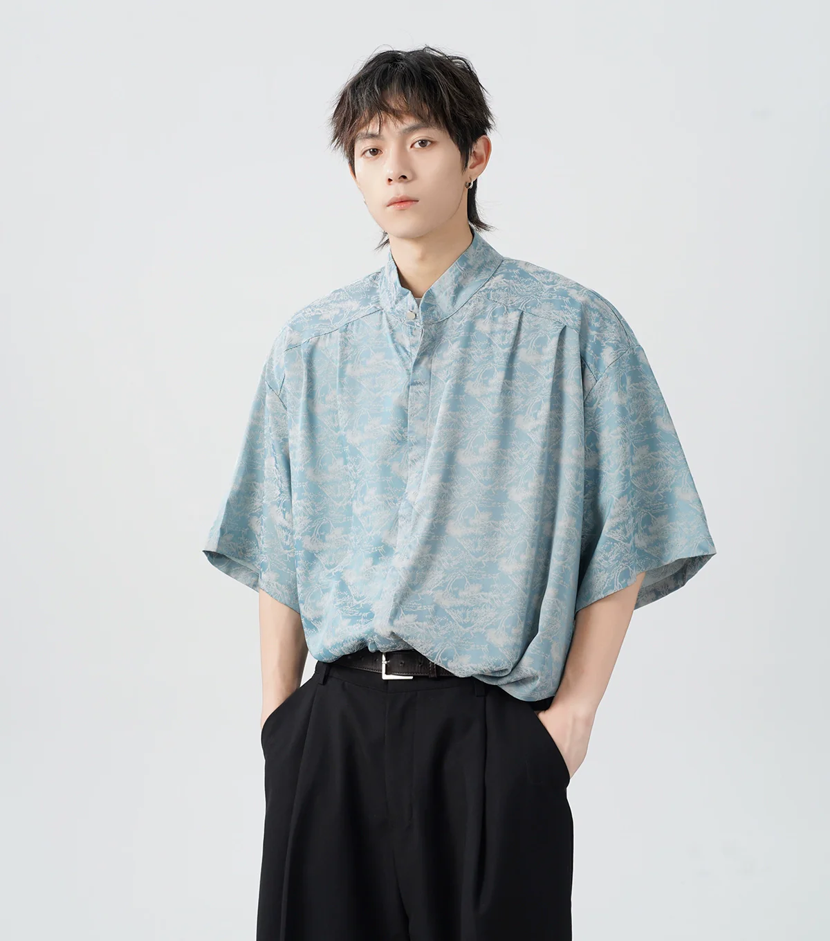 Oversized Tree Print Satin Button-Up Shirt - Image 3